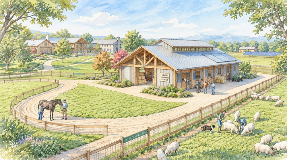 Concept art, watercolor: a small barn with a fenced riding path, a student leading a horse, and sheep grazing in a paddock.