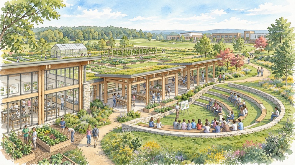 Concept art, watercolor: a timber classroom building with a planted roof, a covered outdoor classroom, and a grass amphitheater full of students.