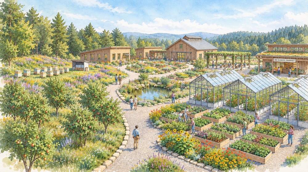 Concept art, watercolor: raised vegetable beds, glass greenhouses, a pond, beehives and fruit trees along gravel paths.