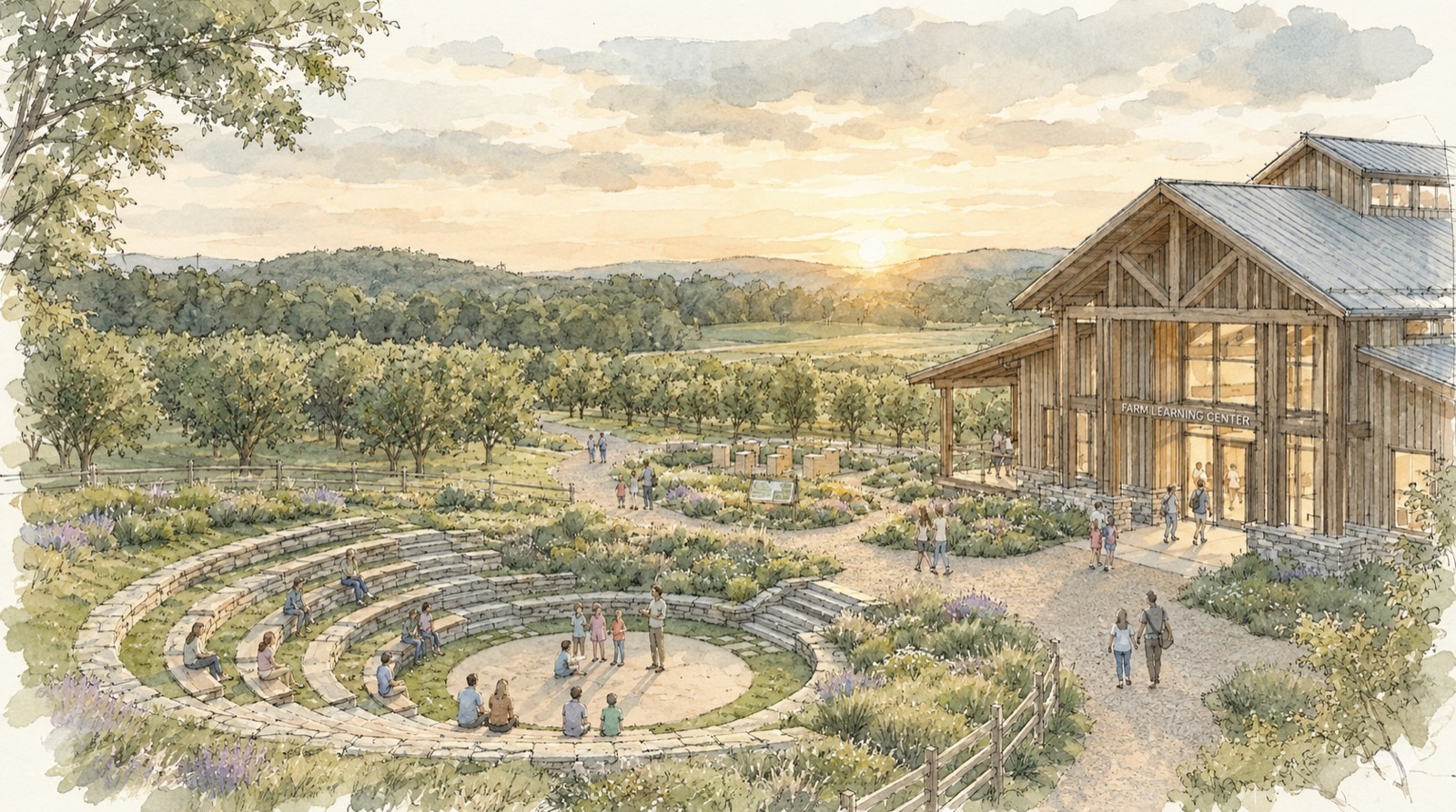 Concept art, watercolor: a stone amphitheater where children sit around a teacher, next to an orchard and a timber-frame farm learning center at sunset.