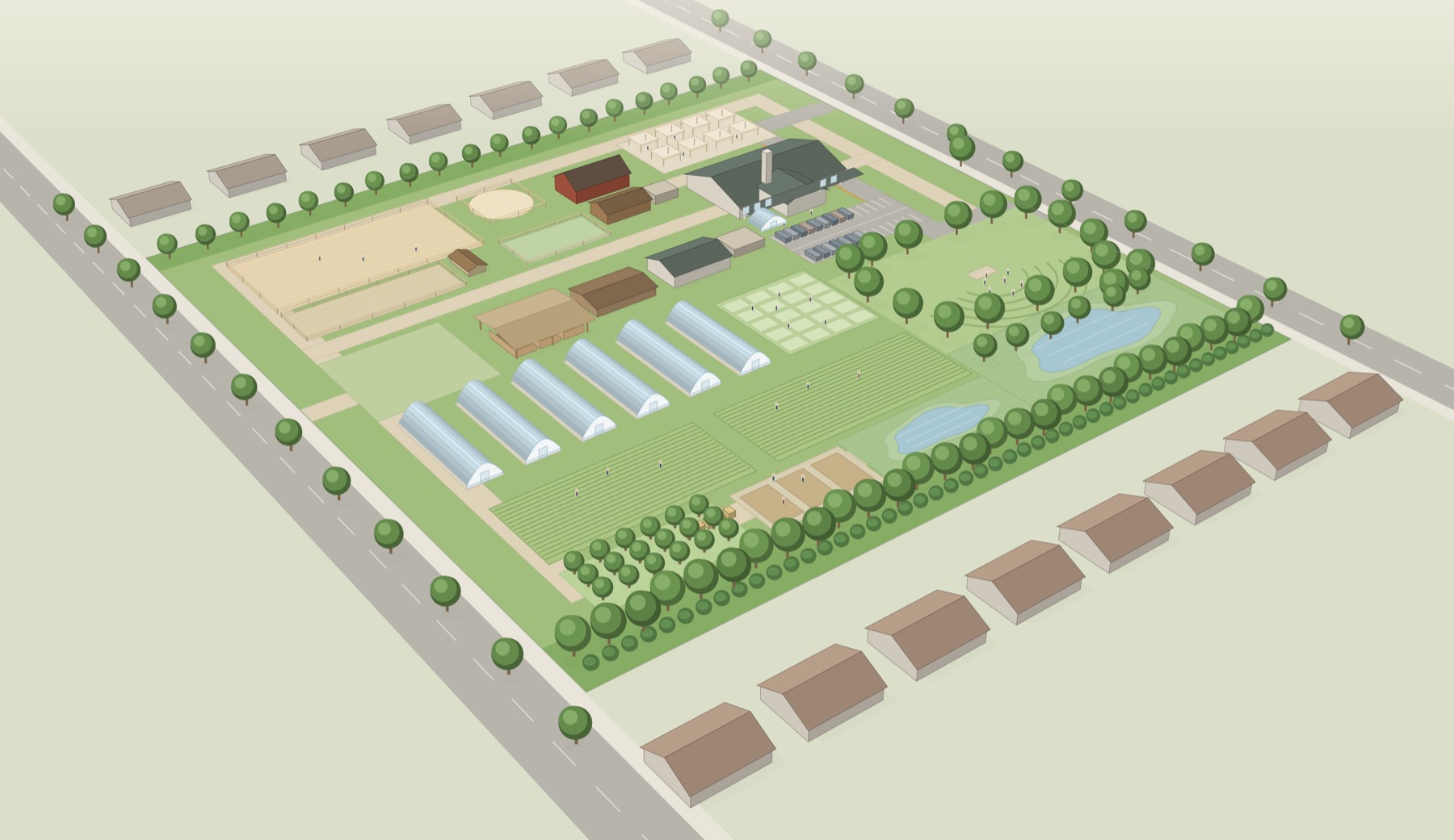 Concept art: a bird's-eye view of the 11-acre site between two streets, with greenhouses, gardens, an orchard, a barn, a classroom building and amphitheater, ringed by trees along the neighboring homes.
